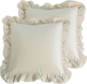 Velvet Ruffle Throw Pillow Covers Couch, Set of 2 Decorative Pillowcases with Ruffles 18x18 Inch Solid Color Shabby Chic Farmhouse Cushion Cover for Living Room Sofa Bed, Beige