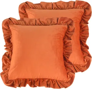 Velvet Ruffle Throw Pillow Covers Couch, Set of 2 Decorative Pillowcases with Ruffles 18x18 Inch Solid Color Shabby Chic Farmhouse Cushion Cover for Living Room Sofa Bed, Burnt Orange