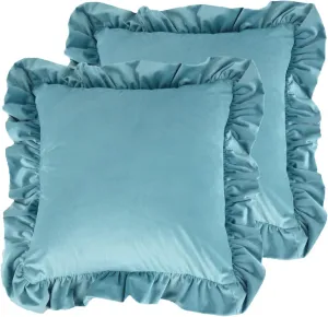 Velvet Ruffle Throw Pillow Covers Couch, Set of 2 Decorative Pillowcases with Ruffles 18x18 Inch Solid Color Shabby Chic Farmhouse Cushion Cover for Living Room Sofa Bed, Duck Egg Blue