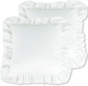 Velvet Ruffle Throw Pillow Covers Couch, Set of 2 Decorative Pillowcases with Ruffles 18x18 Inch Solid Color Shabby Chic Farmhouse Cushion Cover for Living Room Sofa Bed, White