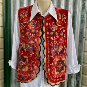 Velvet Vest Orange Floral Embroidery Gypsy Boho Womens Unisex Waistcoat Sz M - New