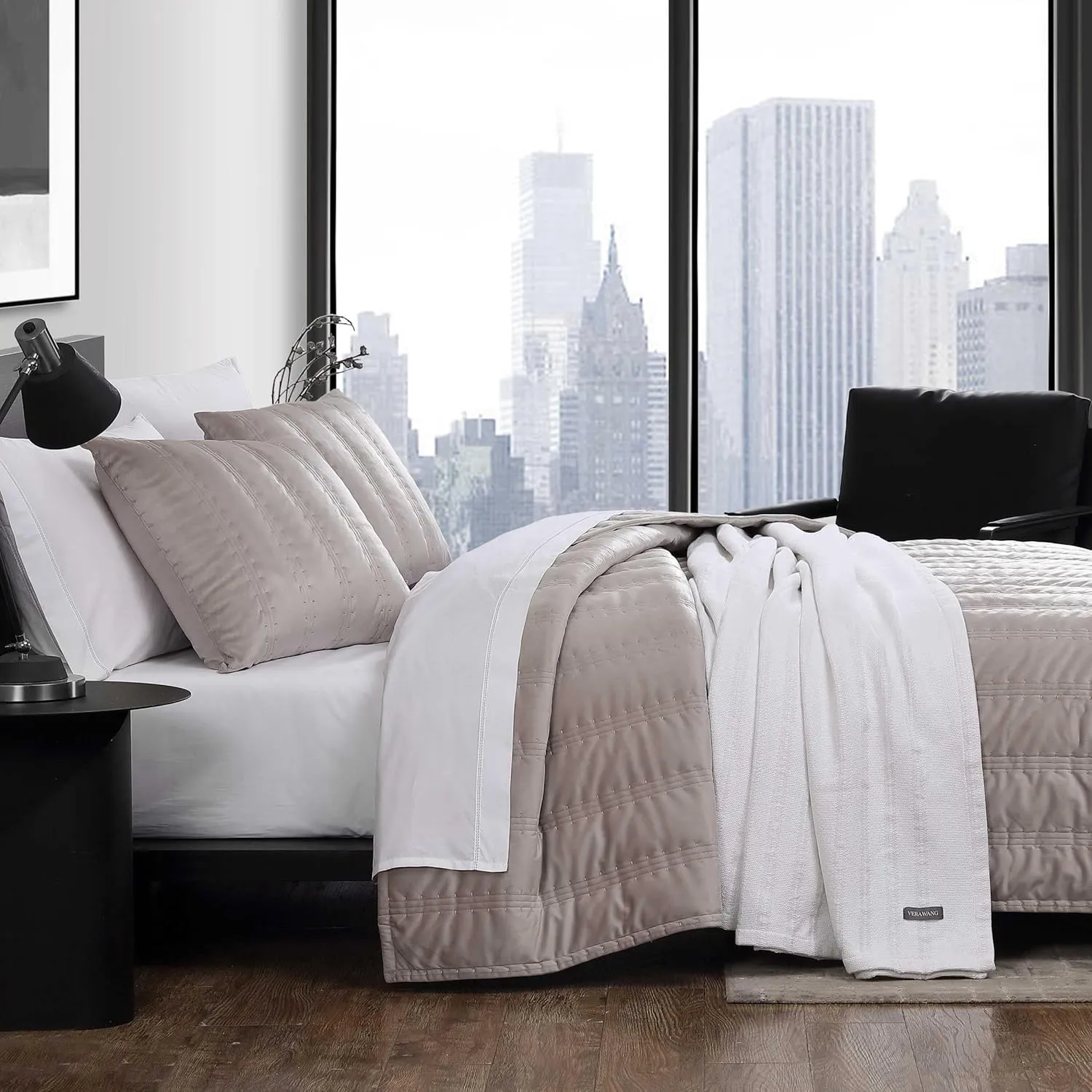 Vera Wang - Queen Quilt Set, Super Soft Bedding Set with Matching Shams, Modern Room Essentials (Velvet Linear Stitch French Clay, Queen)