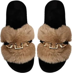 Verdusa Women's Fuzzy Slippers Cozy Plush Home Slippers Chain Decor Furry Open Toe House Shoes