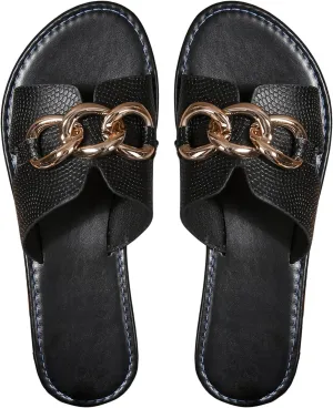 Verdusa Women's Open Toe Chain Flat Sandals Faux Leather Summer Slippers Slip on Slides
