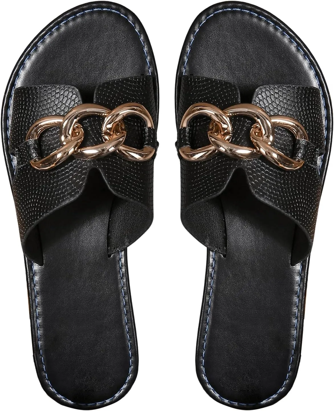 Verdusa Women's Open Toe Chain Flat Sandals Faux Leather Summer Slippers Slip on Slides