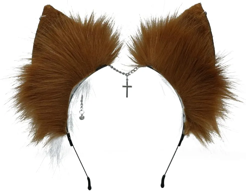 VIGVAN Handmade Wolf Fox Ears Animal Cosplay Cute Head Accessories for Halloween (Chain Brown White)