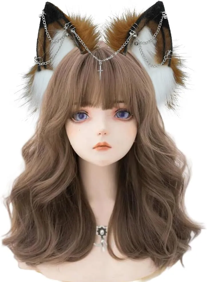 VIGVAN Handmade Wolf Fox Ears Animal Cosplay Cute Head Accessories for Halloween (Chain Brown White)