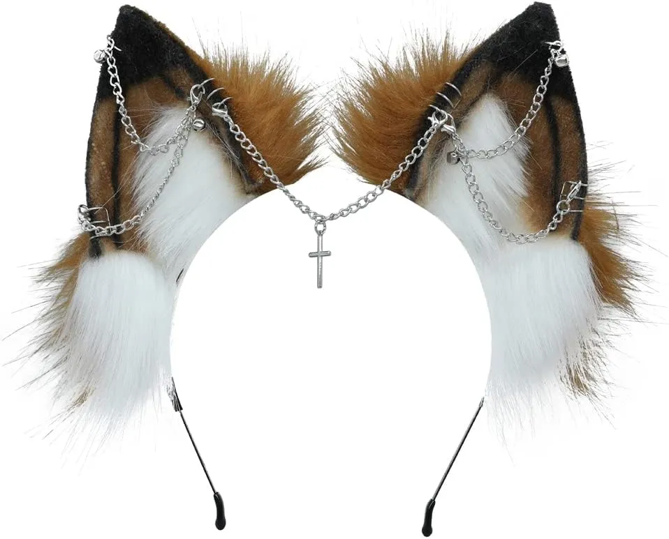VIGVAN Handmade Wolf Fox Ears Animal Cosplay Cute Head Accessories for Halloween (Chain Brown White)