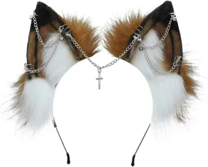 VIGVAN Handmade Wolf Fox Ears Animal Cosplay Cute Head Accessories for Halloween (Chain Brown White)
