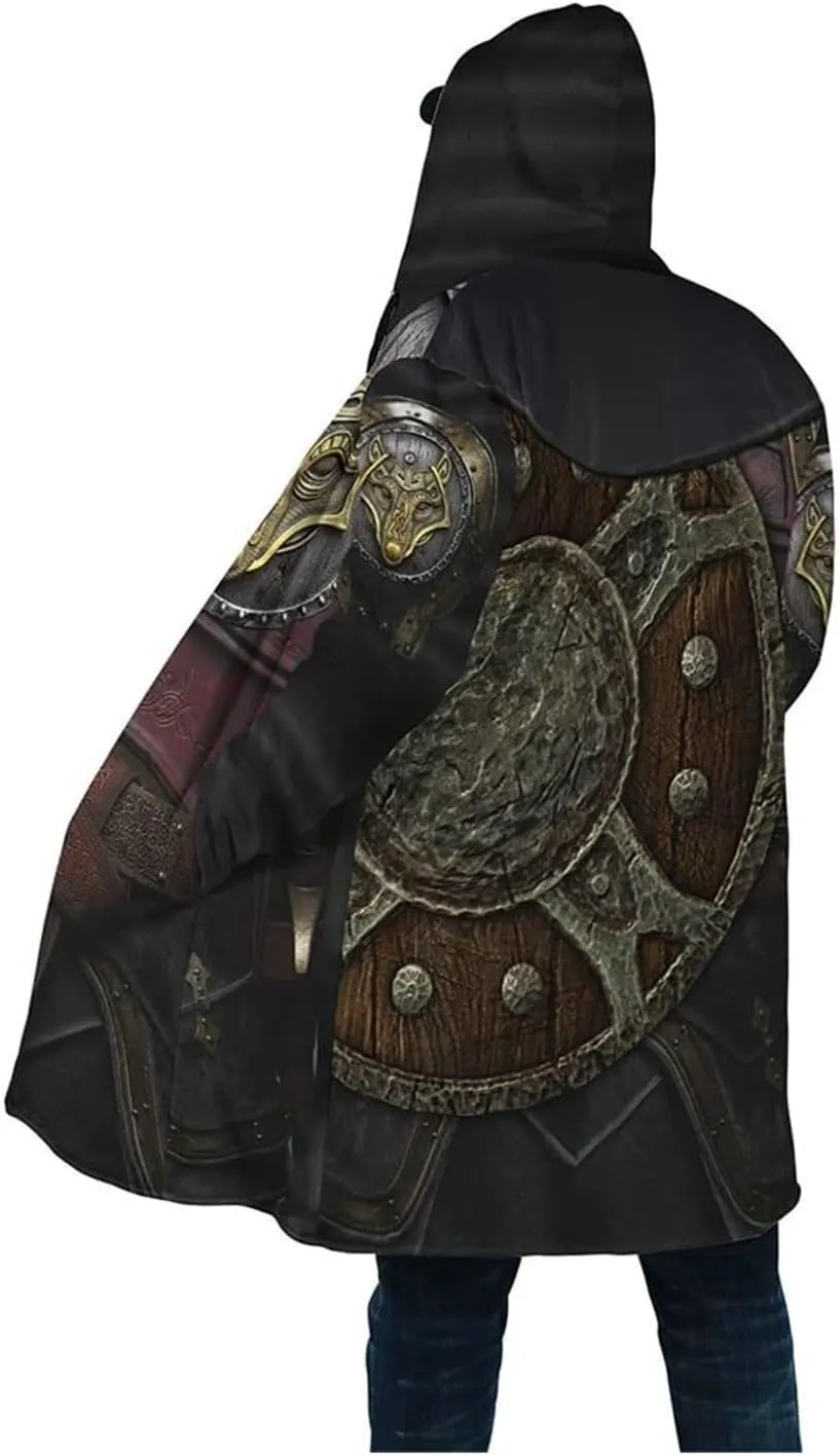 Viking Men's Winter Warm Robe, Valhalla Warrior Armor, 3D Printed Tattoo Winter Warm Coat Parka, Horn Button Design