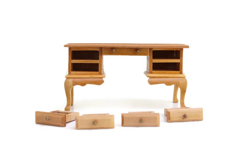 Vintage 1:12 Miniature Dollhouse Oak Writing Desk
