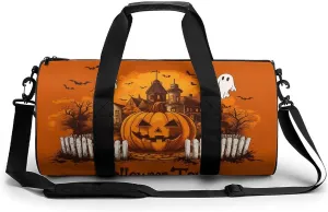 Vintage Village Square Halloween Town Travel Gym Bag for Women Men Pumpkin And Ghost Cylindrical Duffle Bag Sport Workout Bag with Shoulder Strap