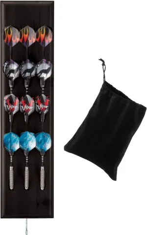 Viper Dart Caddy Solid Wood Wall Mounted Dart Holder/Stand with Accessory Storage Bag, Displays 4 Sets of Steel/Soft Tip Darts, Compatible with All Sisal & Electronic Dartboards, Surrounds & Cabinets