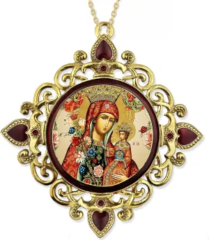 Virgin Mary Christ Icon Catholic Orthodox Christmas Ornament, Jeweled Frame with Faux Crystals, 4 Inch
