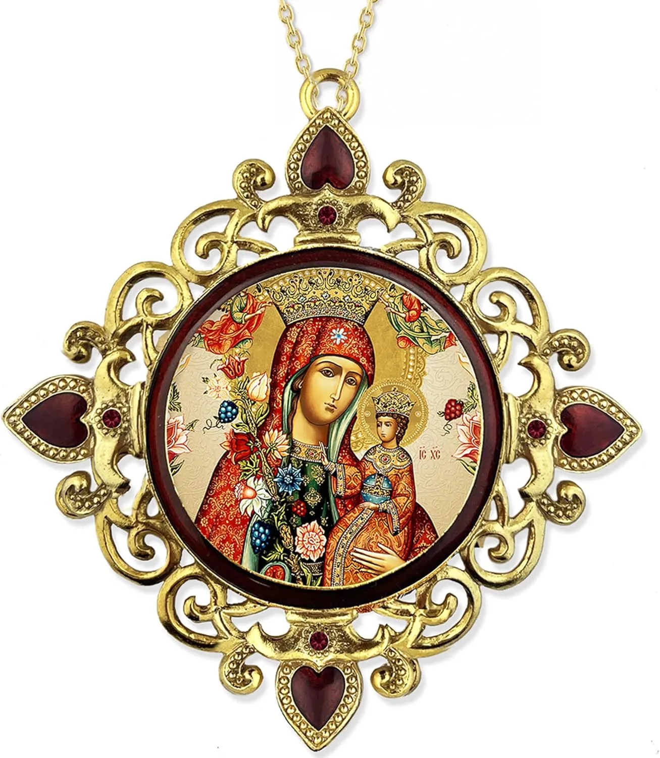 Virgin Mary Christ Icon Catholic Orthodox Christmas Ornament, Jeweled Frame with Faux Crystals, 4 Inch