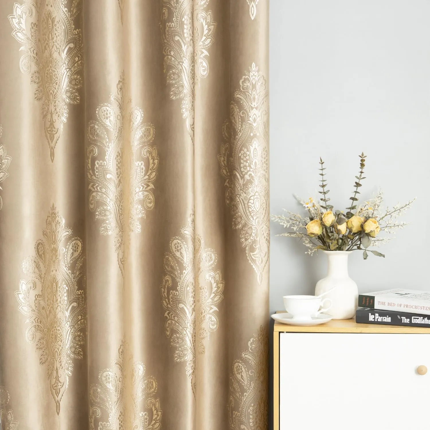 VOGOL Brown Extra Wide Grommet Curtains, 60 x 106 Inches European Style Thermal Insulated Drapes for Dorm Room, Retro Floral Print Velvet Curtain for Laundry Room, 2 Panels
