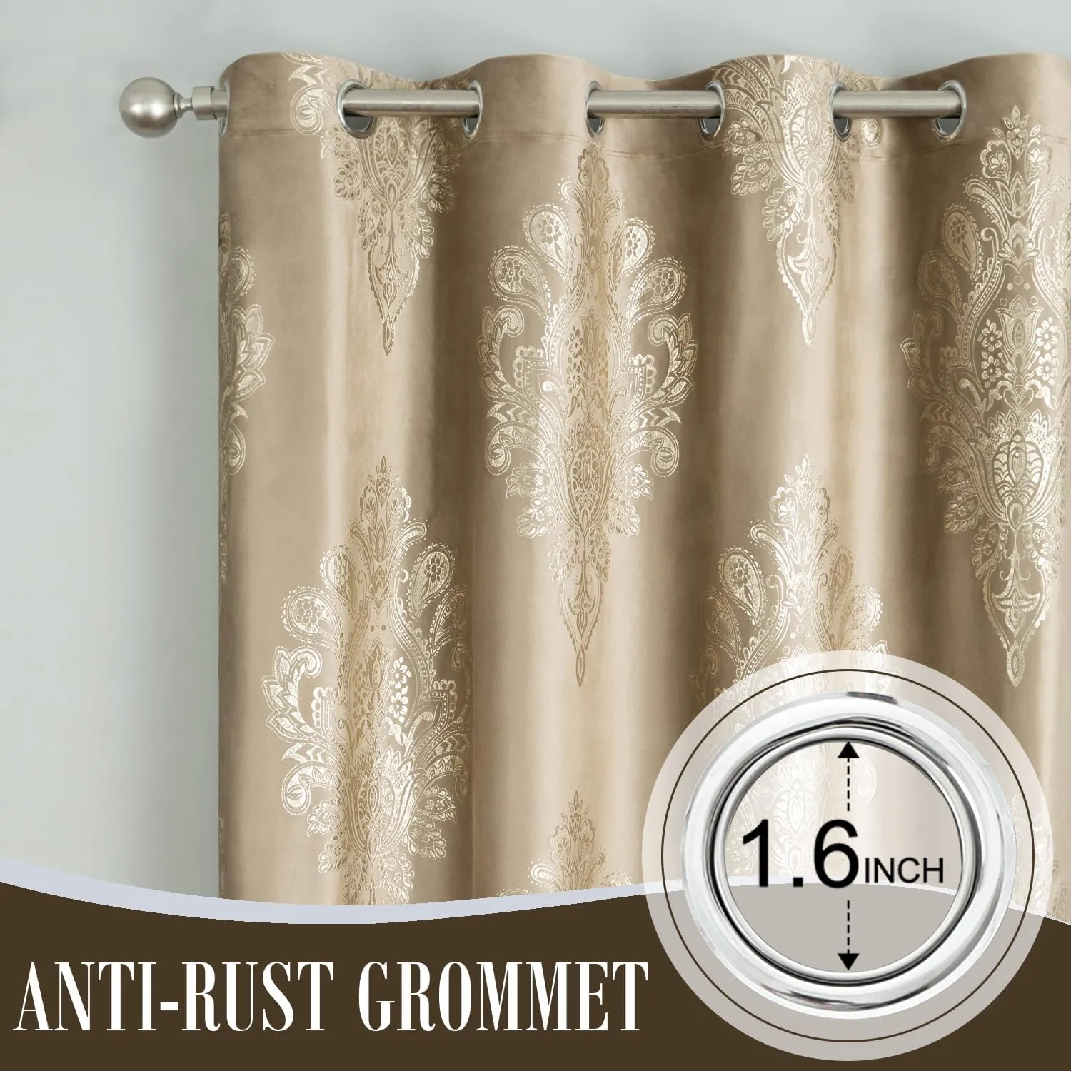 VOGOL Brown Extra Wide Grommet Curtains, 60 x 106 Inches European Style Thermal Insulated Drapes for Dorm Room, Retro Floral Print Velvet Curtain for Laundry Room, 2 Panels