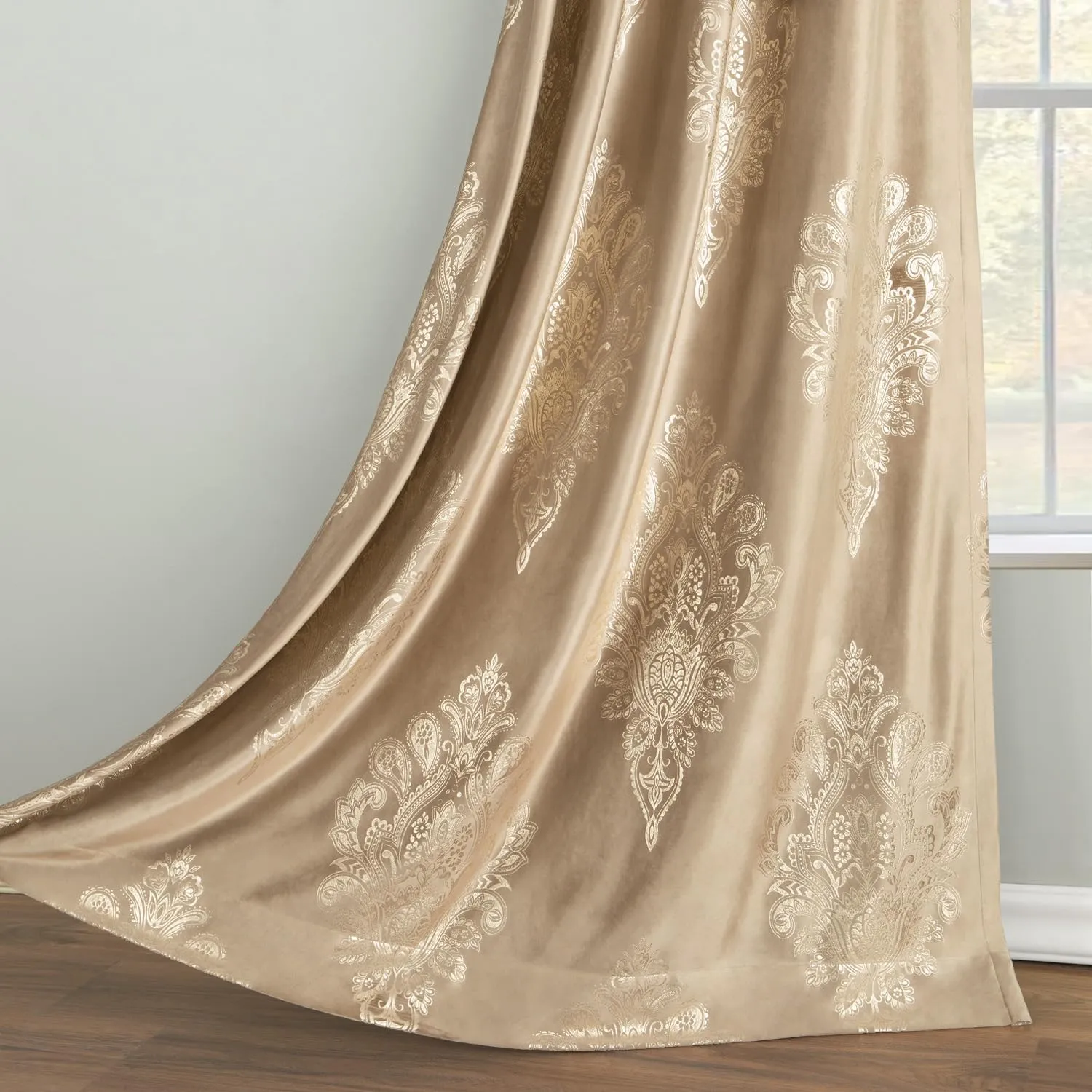 VOGOL Brown Extra Wide Grommet Curtains, 60 x 106 Inches European Style Thermal Insulated Drapes for Dorm Room, Retro Floral Print Velvet Curtain for Laundry Room, 2 Panels