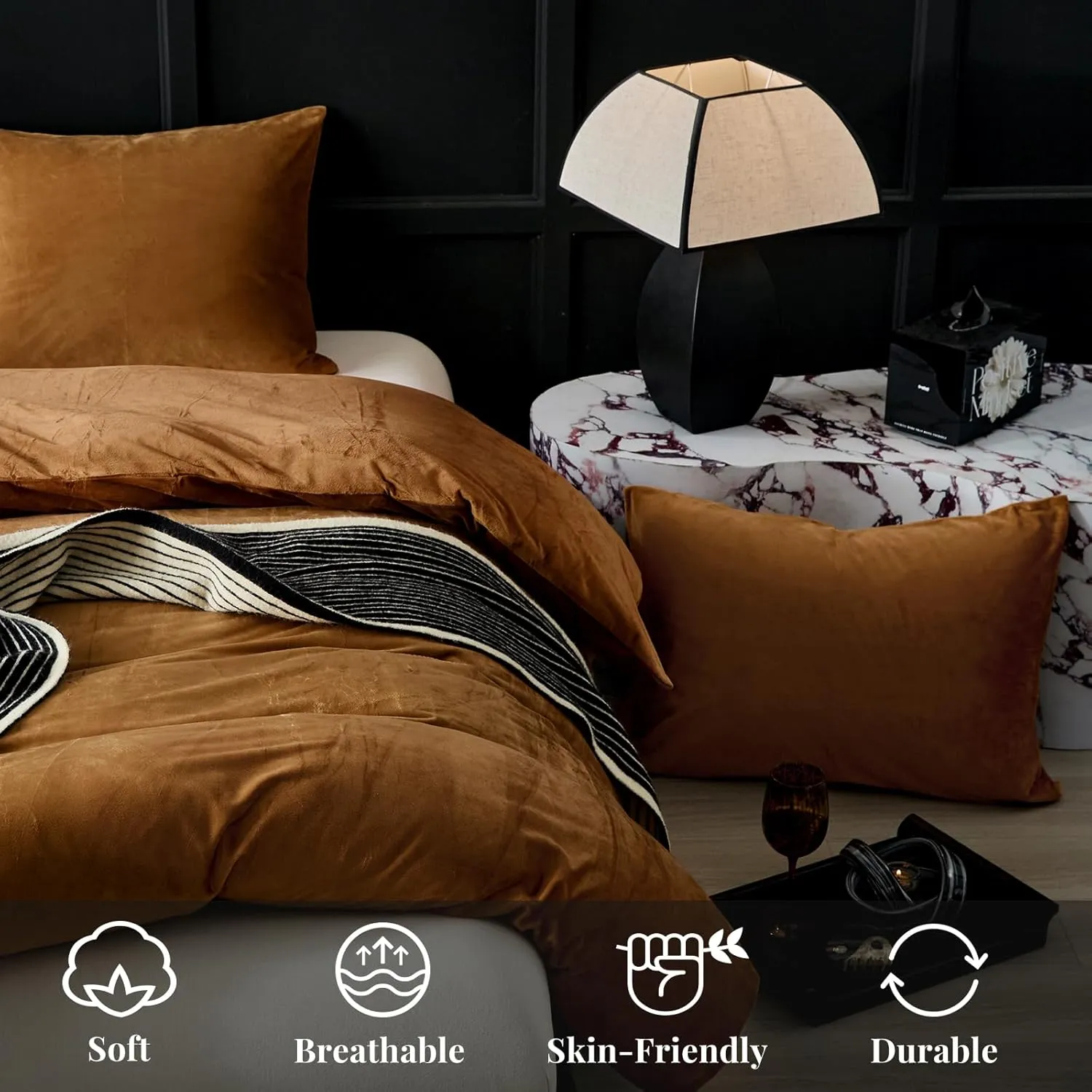 WARMDERN Camel Velvet Duvet Cover King Size Flannel Duvet Cover Bedding Sets, 3pcs Ultra Soft Luxury Textured Modern Crystal Velvet Duvet Covers with Zipper Closure(Camel, King)