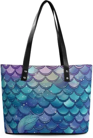 Water Lily Mermaid Scales Leather Lady's Handbag Crossbody Purse for Women Ladies Soft Shoulder Bag Medium Roomy Handbag Fashion Tote Top Handle Satchel