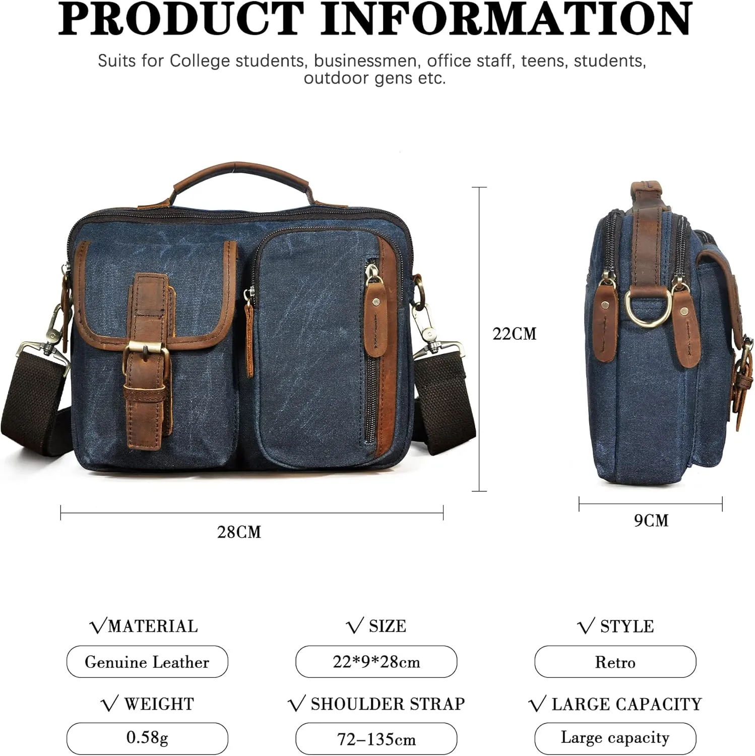 Water Resistant Canvas   Genuine Leather Travel Tote Messenger Cross-body One Shoulder Bag For Men FB202
