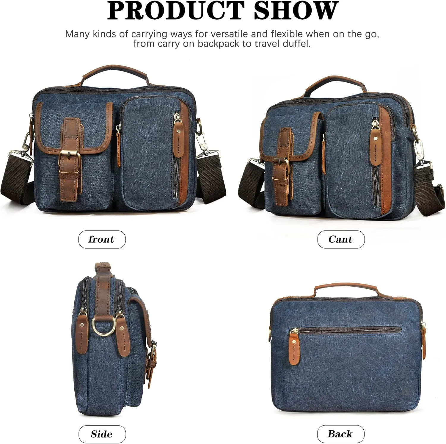 Water Resistant Canvas   Genuine Leather Travel Tote Messenger Cross-body One Shoulder Bag For Men FB202