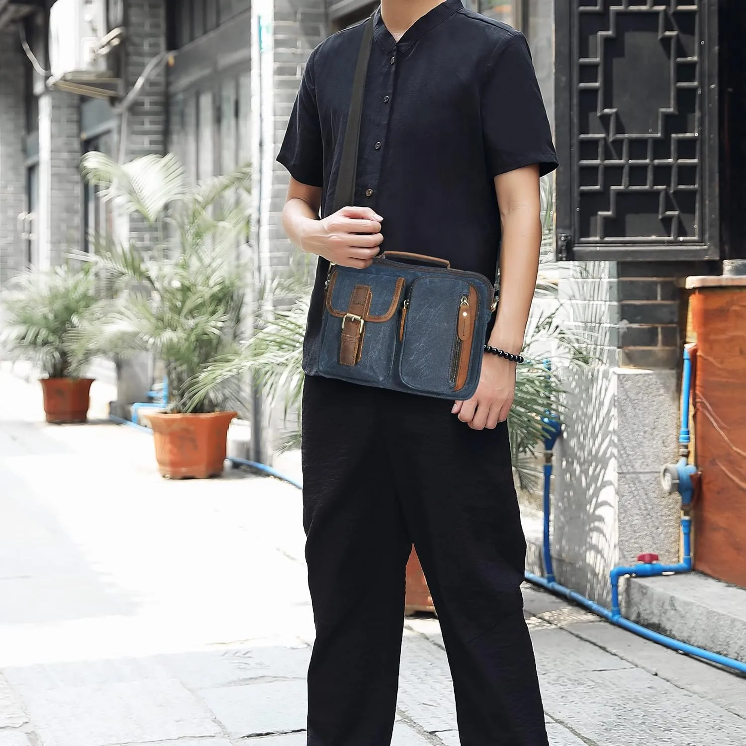 Water Resistant Canvas   Genuine Leather Travel Tote Messenger Cross-body One Shoulder Bag For Men FB202
