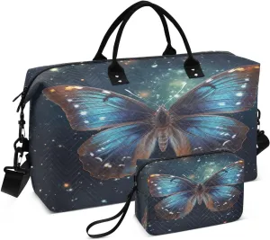 Watercolor Butterflies Space Stars Sports Gym Bag for Women Men Travel Duffel Bag Weekend Overnight Carry on Bag with Toiletry Bag Training Handbag for Yoga Workout Swimming Hospital Plane
