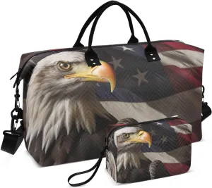 Watercolor Usa Flag Hawk Sports Gym Bag for Women Men Travel Duffel Bag Weekend Overnight Carry on Bag with Toiletry Bag Air Travel Bag for Yoga Workout Swimming Hospital Plane