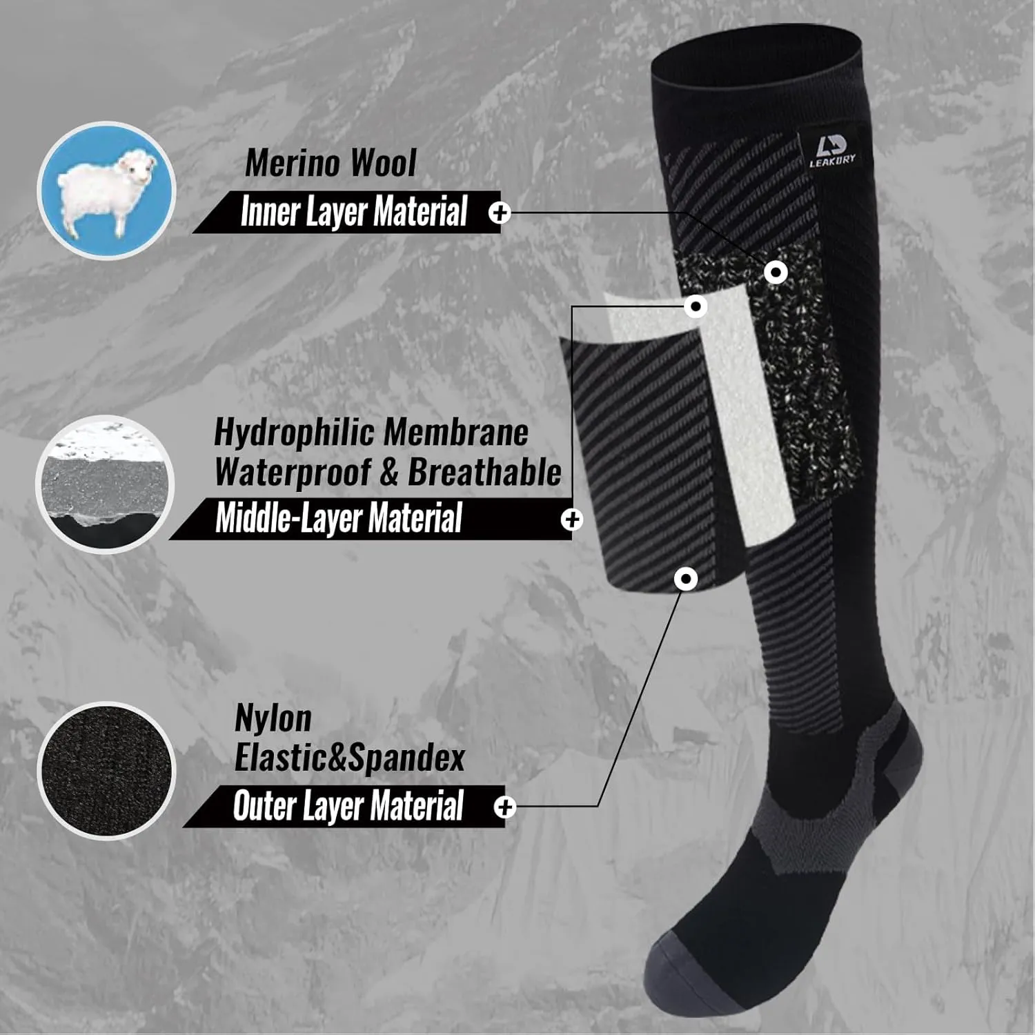 Waterproof Socks Knee High Long Socks,Thermal Ligthweight Breathable,Hiking,Cycling,Running,Skiing