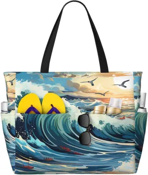 Wave Sailboat Seagull Print 28L Large Beach Tote Bag, 7 Pockets Waterproof Travel Shoulder Bag, Gym Oversized Tote