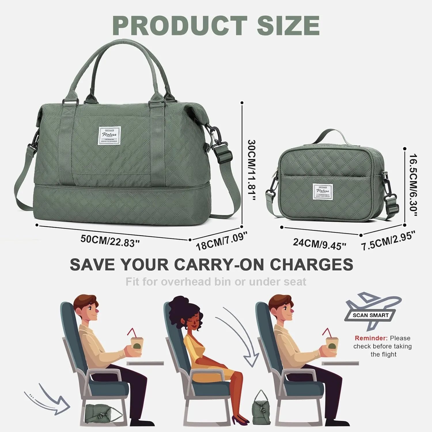 Weekender Bags for Women, Travel Duffel Bags with Shoe Compartment,Personal Item Travel Bag for Airlines, Carry on Overnight Tote Bag for Women with Toiletry Bag，Grid-Olive Green