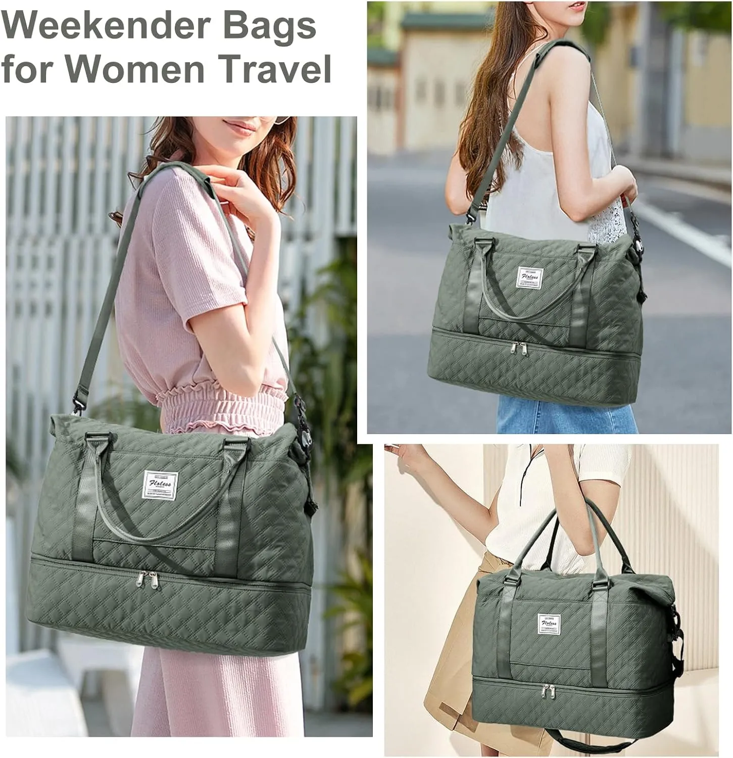Weekender Bags for Women, Travel Duffel Bags with Shoe Compartment,Personal Item Travel Bag for Airlines, Carry on Overnight Tote Bag for Women with Toiletry Bag，Grid-Olive Green