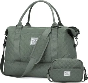 Weekender Bags for Women, Travel Duffel Bags with Shoe Compartment,Personal Item Travel Bag for Airlines, Carry on Overnight Tote Bag for Women with Toiletry Bag，Grid-Olive Green