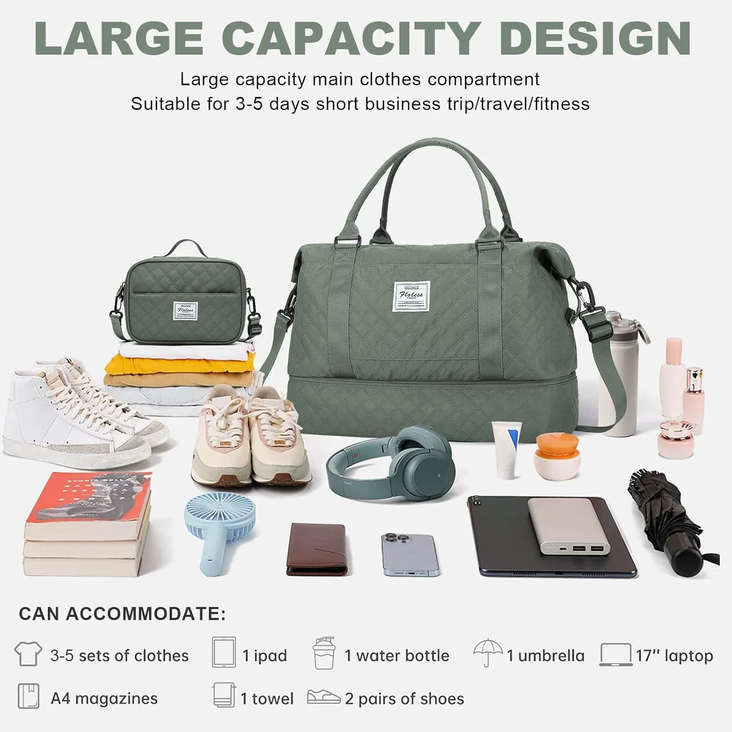 Weekender Bags for Women, Travel Duffel Bags with Shoe Compartment,Personal Item Travel Bag for Airlines, Carry on Overnight Tote Bag for Women with Toiletry Bag，Grid-Olive Green