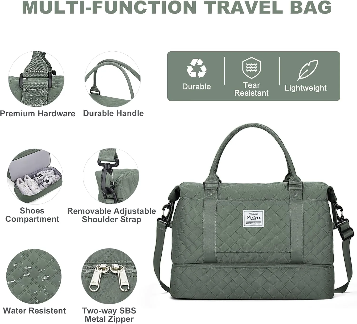 Weekender Bags for Women, Travel Duffel Bags with Shoe Compartment,Personal Item Travel Bag for Airlines, Carry on Overnight Tote Bag for Women with Toiletry Bag，Grid-Olive Green