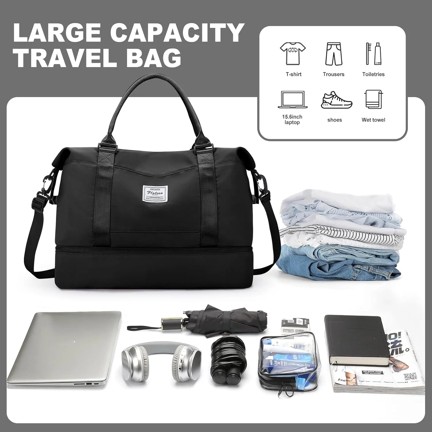 Weekender Bags for Women, Travel Duffel Bags with Shoe Compartment,Personal Item Travel Bag for Airlines, Carry on Overnight Tote Bag for women，Black