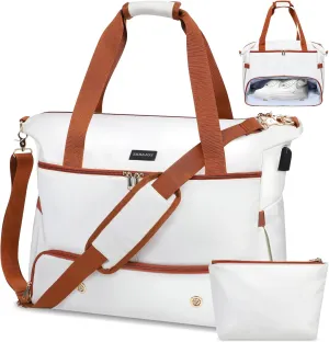 Weekender Overnight Bag for Women, Large Travel Duffel with Shoe Compartment, Wet Pocket, USB Charging Port, Carry-On Gym Tote Bag (Beige Brown)