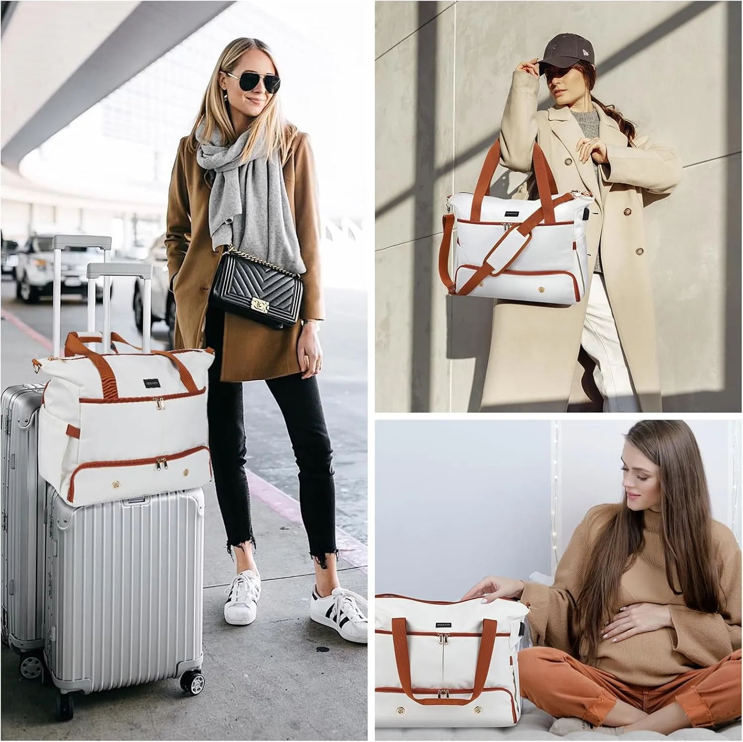 Weekender Overnight Bag for Women, Large Travel Duffel with Shoe Compartment, Wet Pocket, USB Charging Port, Carry-On Gym Tote Bag (Beige Brown)