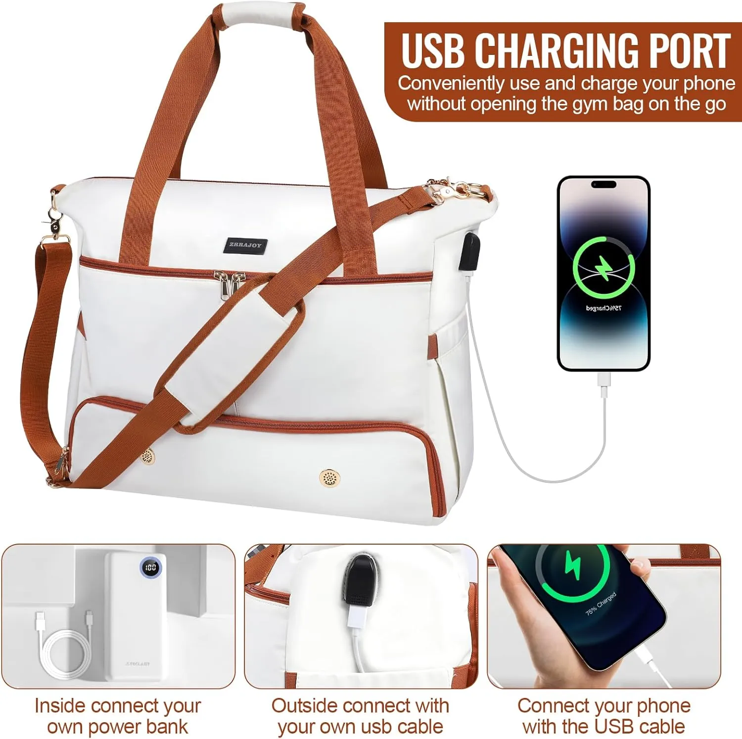 Weekender Overnight Bag for Women, Large Travel Duffel with Shoe Compartment, Wet Pocket, USB Charging Port, Carry-On Gym Tote Bag (Beige Brown)