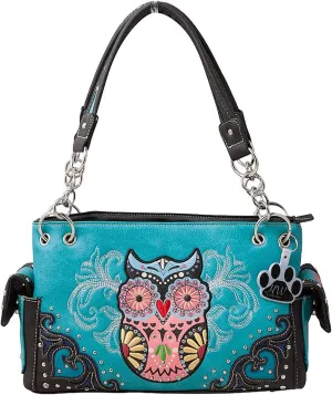 Western Colorful Owl Art Hearts Women Shoulder Handbag Purse