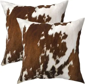 Western Cow Print Throw Pillows Cover Set of 2 Brown Faux Fur Cowhide Decorative Pillow Covers 18x18 Inch Farmhouse Animal Print Square Pillowcase for Outdoor Couch Sofa Bed Room Decor