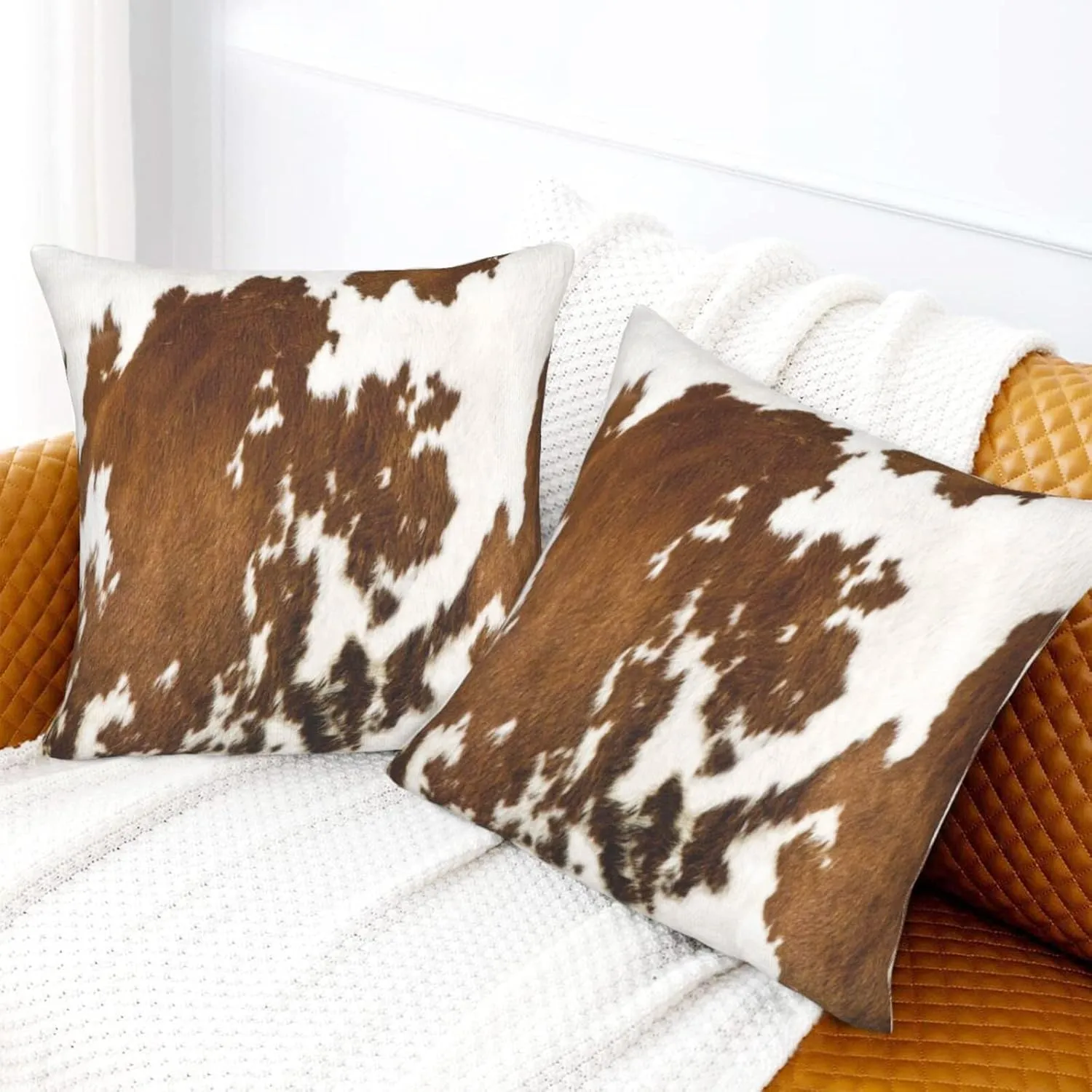 Western Cow Print Throw Pillows Cover Set of 2 Brown Faux Fur Cowhide Decorative Pillow Covers 18x18 Inch Farmhouse Animal Print Square Pillowcase for Outdoor Couch Sofa Bed Room Decor