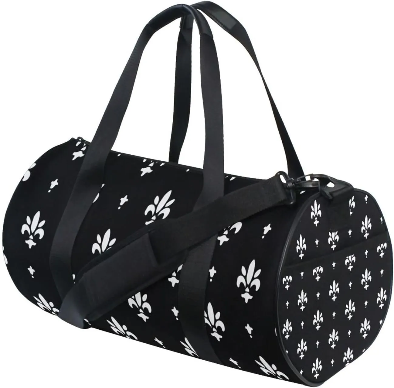 White Black Fleur De Lis Portable Gym Bag, Travel Bag, Luggage bag, Sports Bag, Toiletry Bag with Handles, Detachable Shoulder Strap 17.6 x 9 x 9 inch