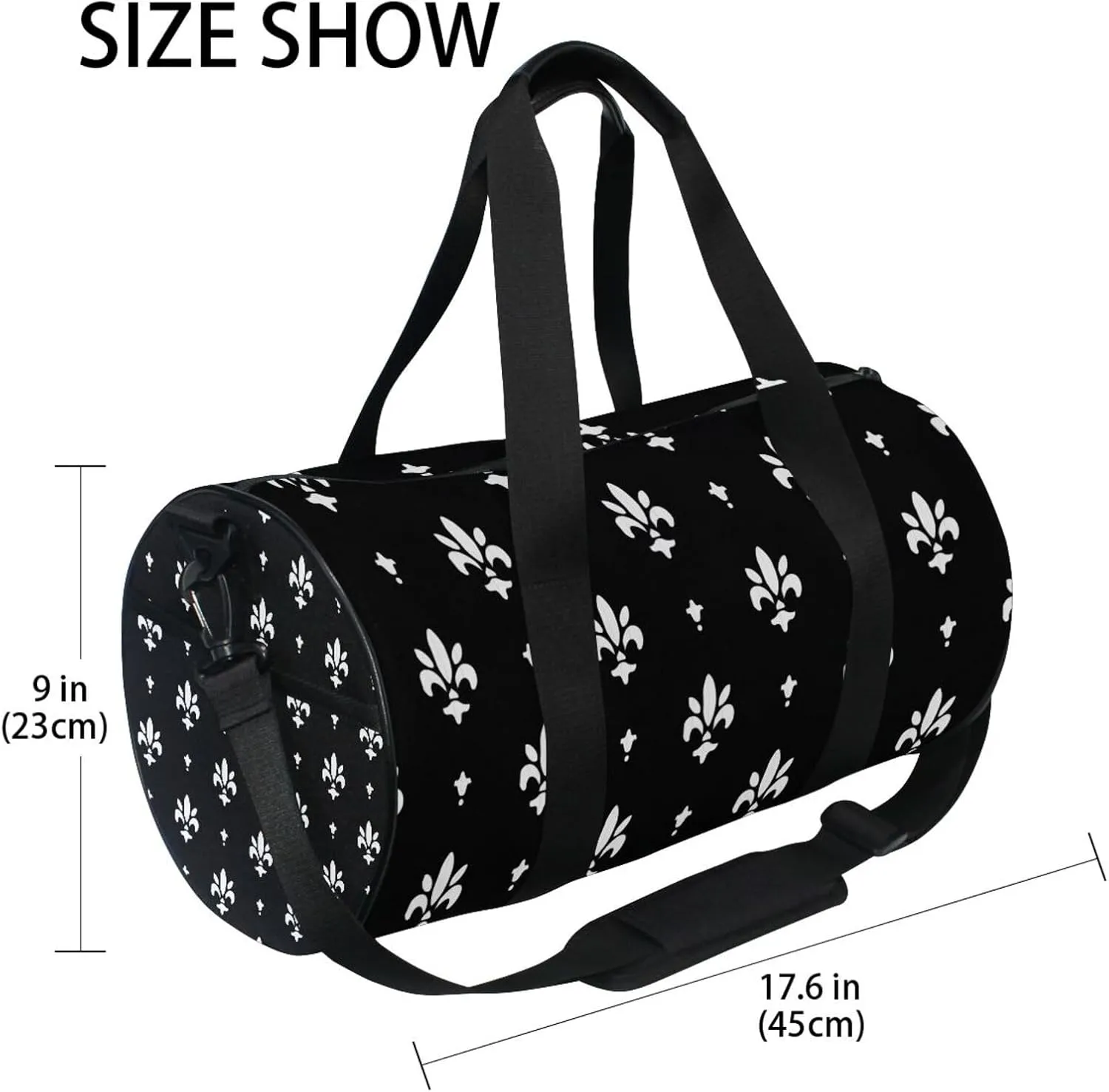 White Black Fleur De Lis Portable Gym Bag, Travel Bag, Luggage bag, Sports Bag, Toiletry Bag with Handles, Detachable Shoulder Strap 17.6 x 9 x 9 inch