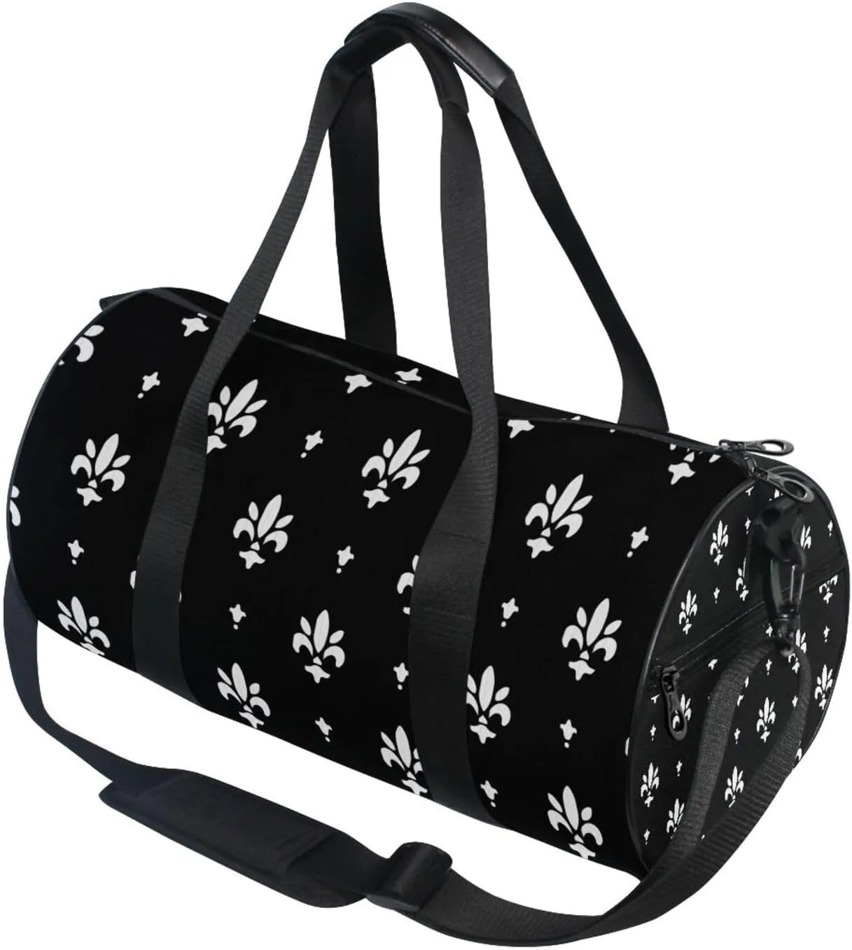 White Black Fleur De Lis Portable Gym Bag, Travel Bag, Luggage bag, Sports Bag, Toiletry Bag with Handles, Detachable Shoulder Strap 17.6 x 9 x 9 inch