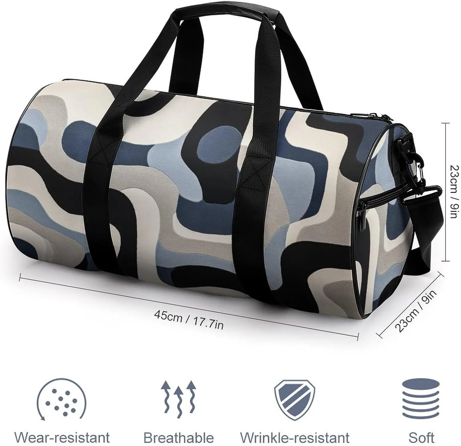 White Blue Shape Travel Gym Bag for Women Men Cylindrical Duffle Bag Sport Workout Bag with Shoulder Strap