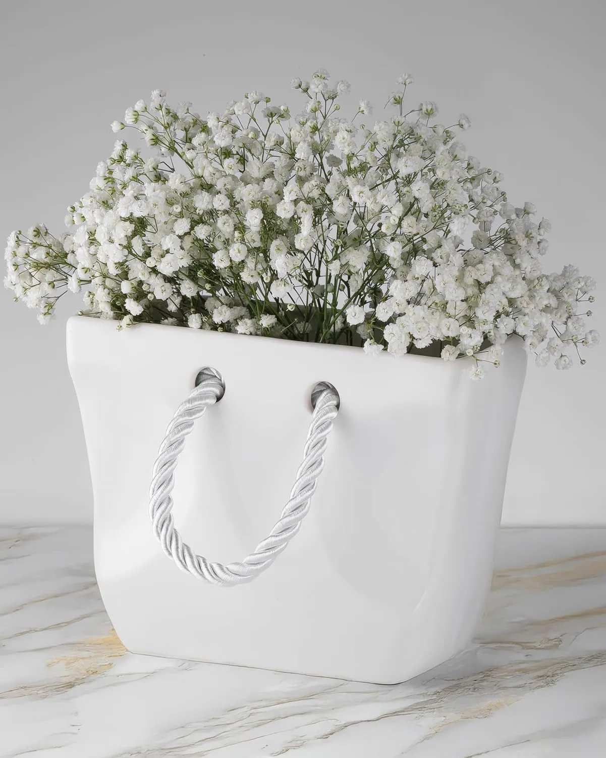 White Ceramic Purse Vase for Flowers – Decorative Cute Funky Bag Flower Vase for Centerpieces – Handmade Handbag Shaped Vases for Bouquets – Fancy Unique Designer Glam Home Decor for Women