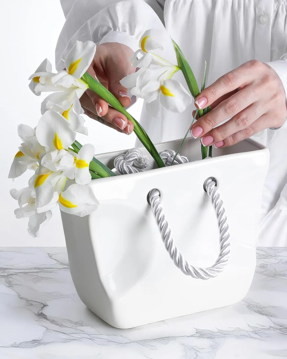 White Ceramic Purse Vase for Flowers – Decorative Cute Funky Bag Flower Vase for Centerpieces – Handmade Handbag Shaped Vases for Bouquets – Fancy Unique Designer Glam Home Decor for Women