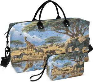 Wildlife Elephant Giraffe Sports Gym Bag for Women Men Travel Duffel Bag Weekend Overnight Carry on Bag with Toiletry Bag Air Travel Bag for Plane Hospital Workout Swimming Yoga